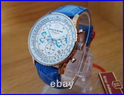 Mens Blue Leather Krug-Baumen Air Traveller 410703 White Pilot Aviator Watch