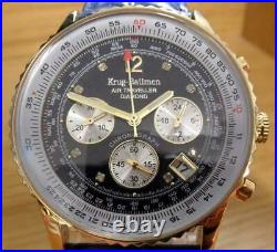 Mens Krug Baumen Air Traveller Blue Leather Genuine Diamond Pilot Aviator Watch